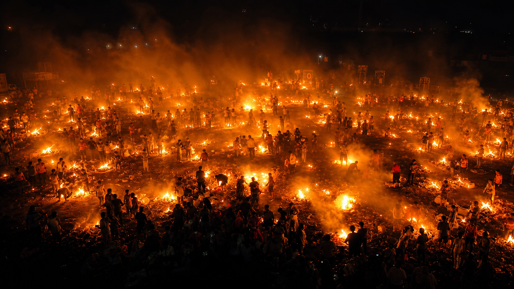 中元节夜晚,人们在连绵的火光中祭祖